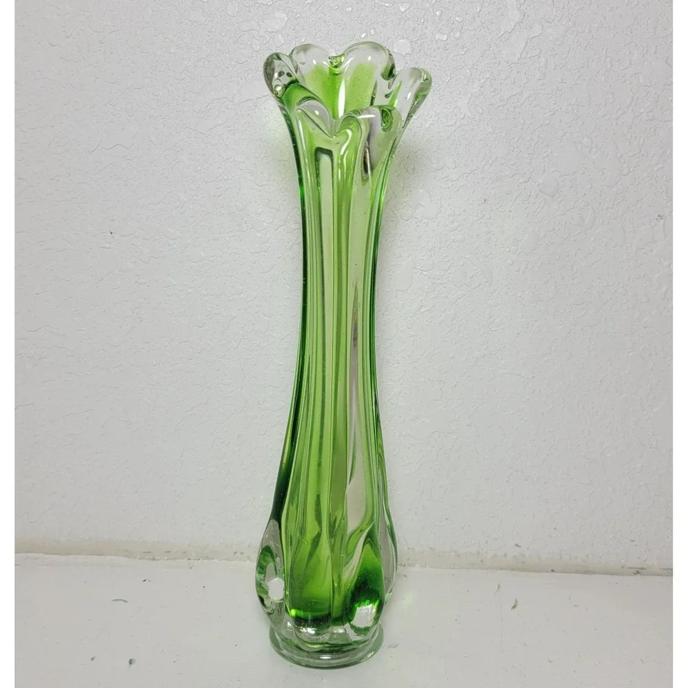 Vintage Wales Green Hand Blown Glass Swung Vase Scalloped Ruffled Made In Japan